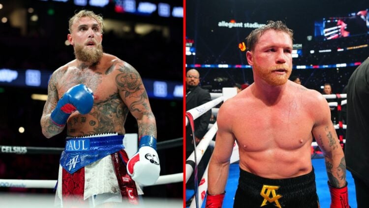 Split image of Jake Paul during a fight and Canelo Alvarez after Terence Crawford loss