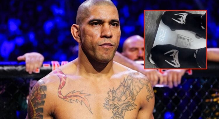 Alex Pereira prepares to fight at UFC 313, inset of his feet on a scale