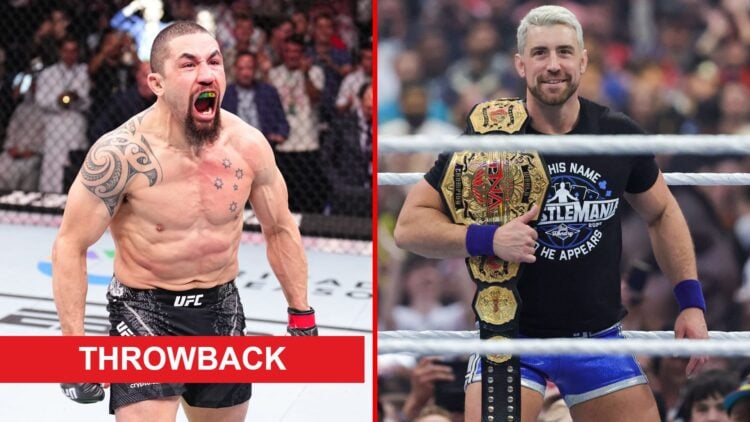 Split image of Robert Whittaker celebrating and Joe Hendry at WrestleMania 41 with throwback label