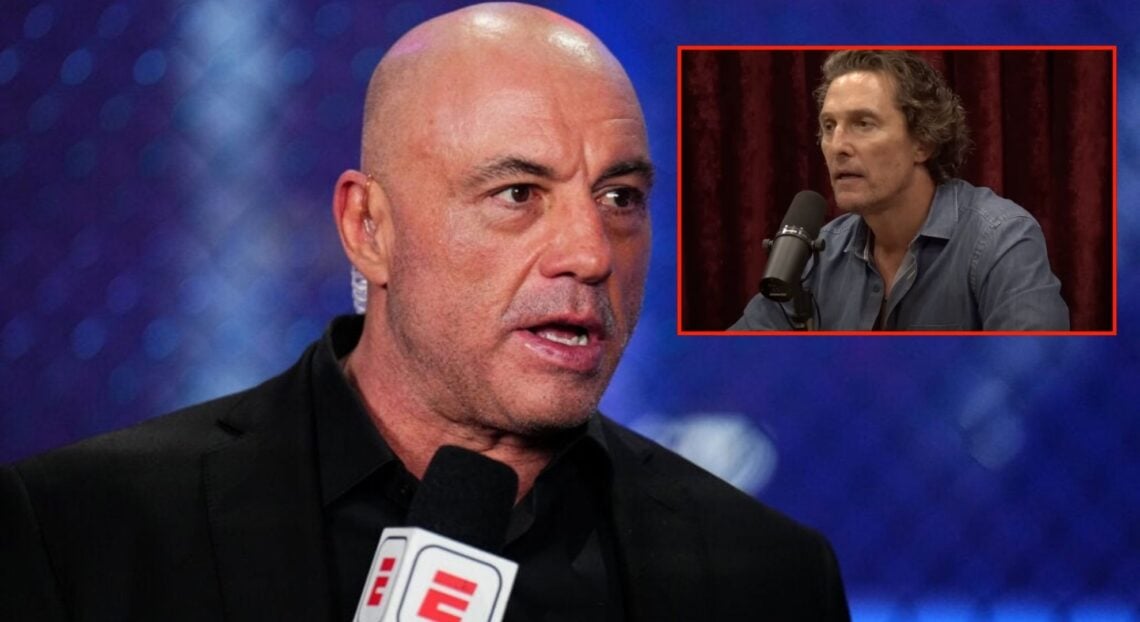 Joe Rogan speaks at UFC 313 , inset of Matthew McConaughey on his podcast