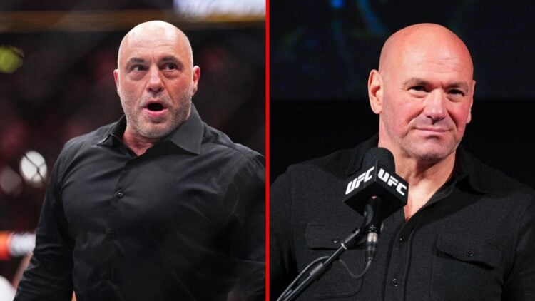 Split image of Joe Rogan at UFC 300 and Dana White at a press conference