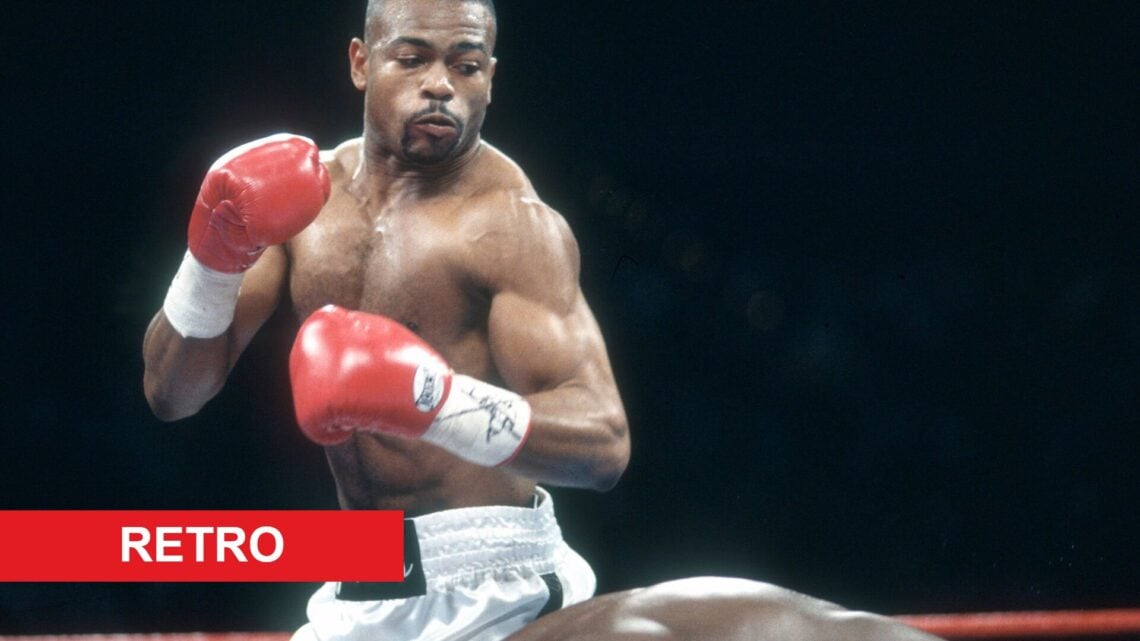 Roy Jones Jr. during fight with James Toney with retro label