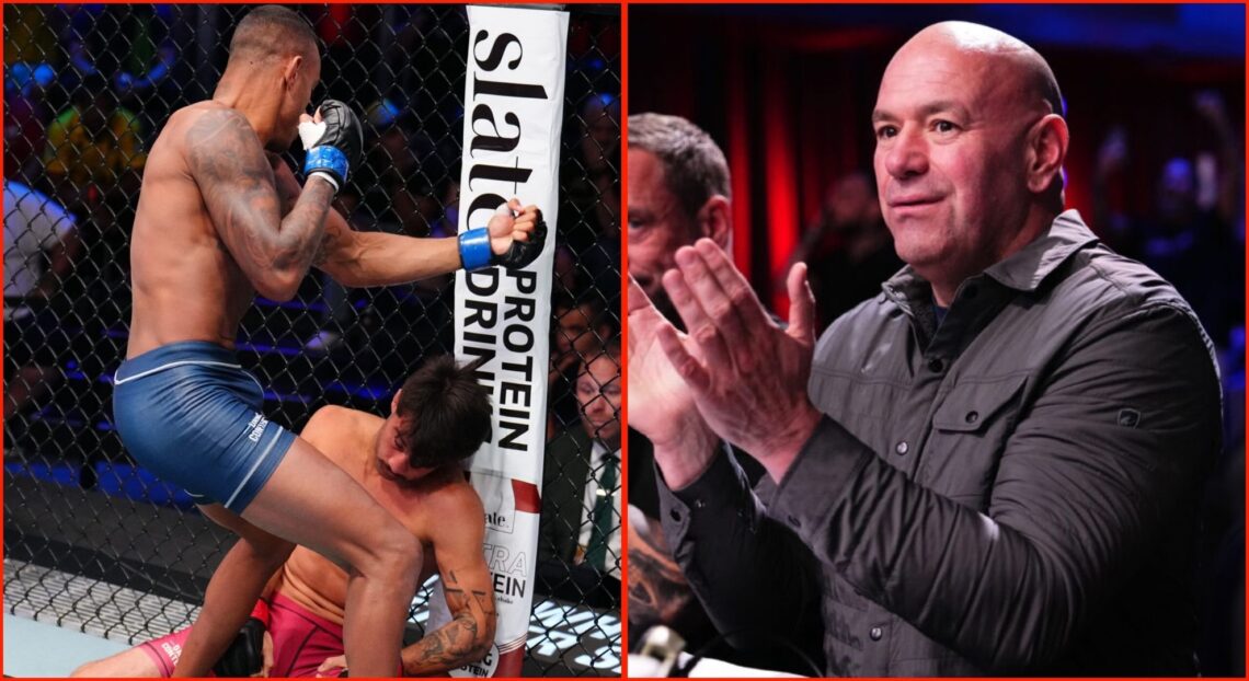 Split image of Samuel Sanches knocking out Chase Blair and Dana White clapping