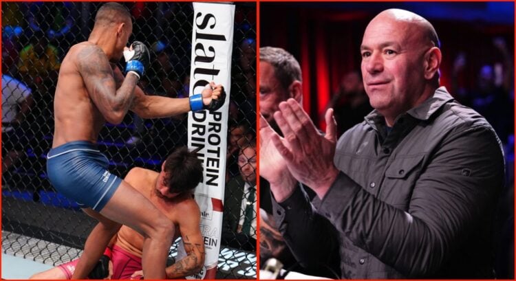 Split image of Samuel Sanches knocking out Chase Blair and Dana White clapping