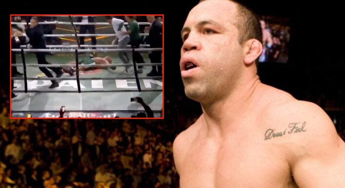 Wanderlei Silva steps into the Octagon at UFC 79, inset of him KO'd after a post-fight brawl