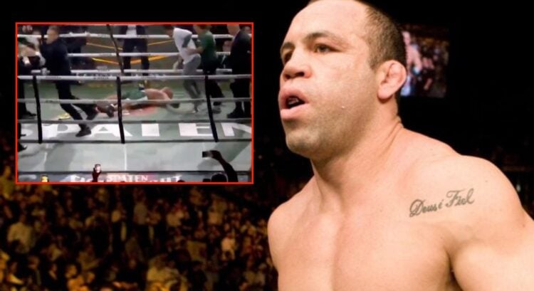 Wanderlei Silva steps into the Octagon at UFC 79, inset of him KO'd after a post-fight brawl