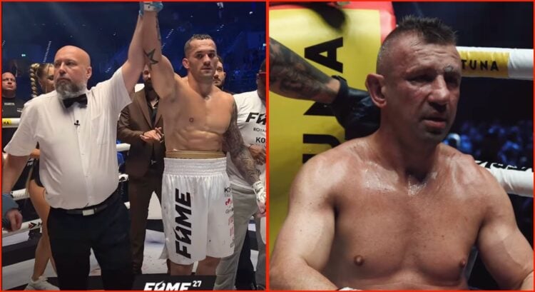 Roberto Soldic gets his hand raised, Tomasz Adamek reacts to losing.