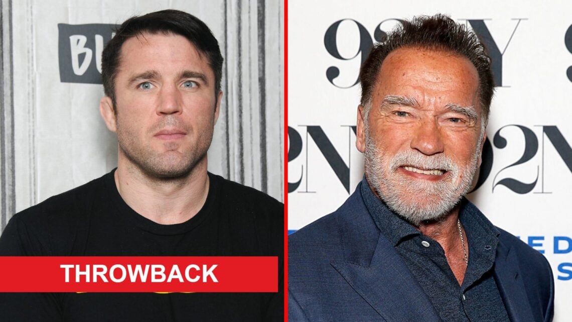Split image of Chael Sonnen and Arnold Schwarzenegger with throwback label
