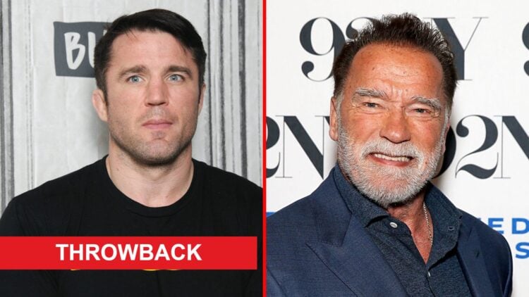 Split image of Chael Sonnen and Arnold Schwarzenegger with throwback label