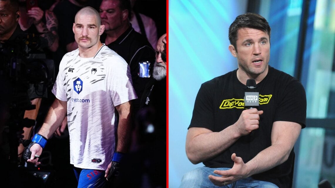 Split image of Sean Strickland walking to the cage and Chael Sonnen talking on the mic