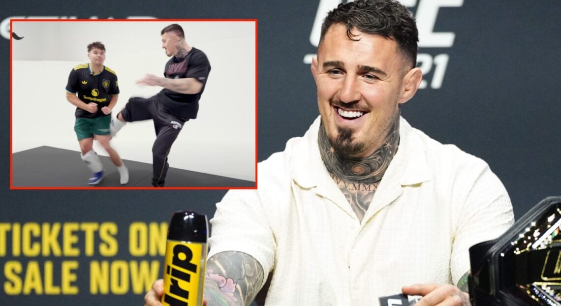 Tom Aspinall at the UFC 321 press conference, inset screenshot of him kicking Jack Joseph