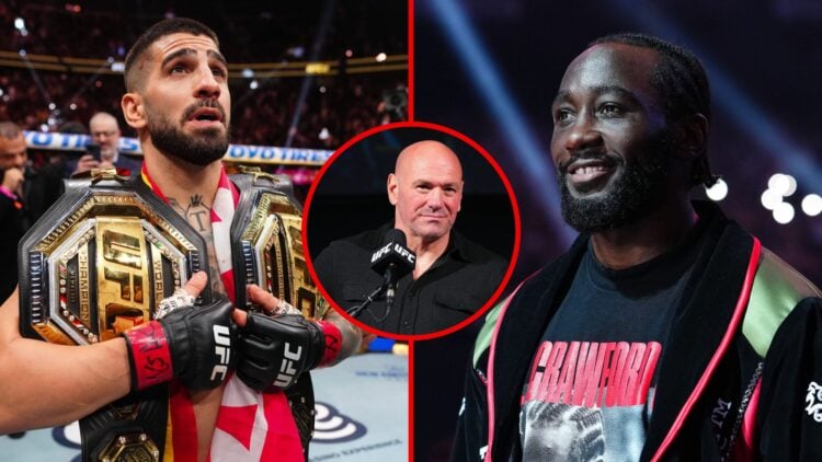 Split image of Ilia Topuria with UFC title and Terence Crawford ring-walking with an inset of Dana White