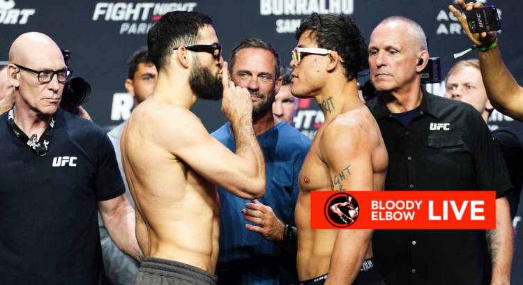 Mauricio Ruffy makes a 'shush' motion at Caio Borralho as they face off at ceremonial weigh-ins