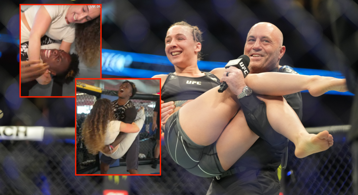 Vanessa Demopoulos in Joe Rogan's arms after UFC 270, with blocks showing her tapping out iShowSpeed