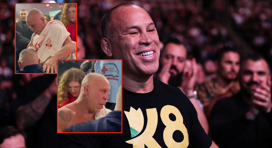 Wanderlei Silva smiling at an event, with blocks showing him leaving the ring after being knocked out