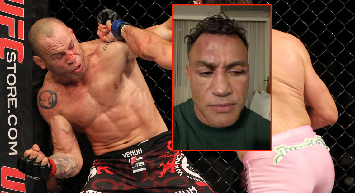 Wanderlei Silva being punched by Rich Franklin, with a block showing Acelino Freitas during an Instagram video