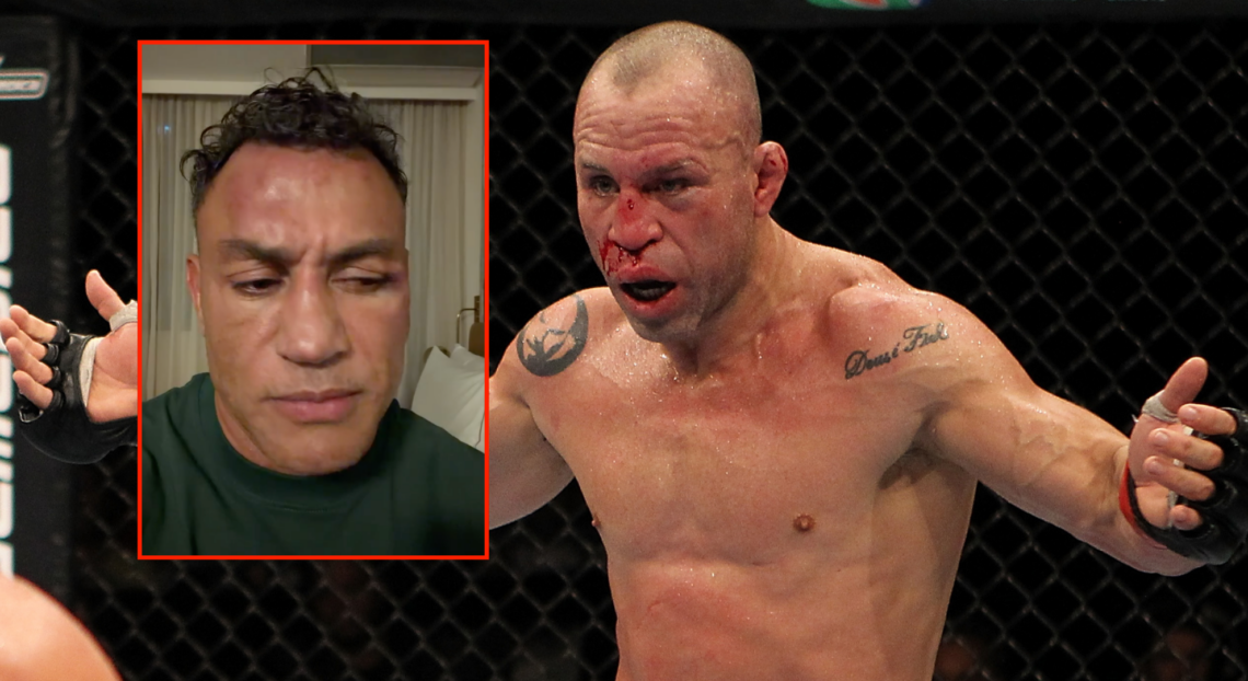 Wanderlei Silva with arms outstretched and a bloodied nose, with block photo showing Acelino Freitas during an Instagram video