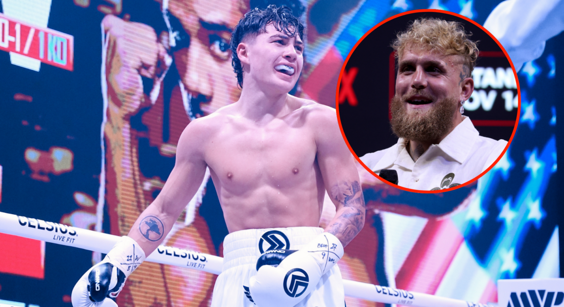 Javon Walton wearing all white during a boxing fight. Bubble shows Jake Paul smiling