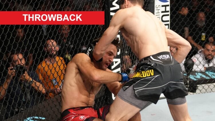 Abus Magomedov knocks down Dustin Stoltzfus at UFC Paris, inset throwback banner