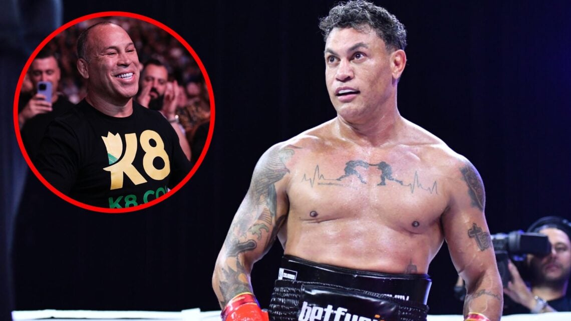 Acelino Freitas looks on during his boxing match with Duda Nagle, inset Wanderlei Silva smiles in attendance at UFC 298