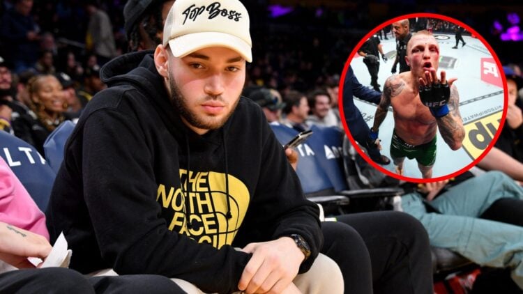 Adin Ross attends a basketball game between the Los Angeles Lakers and the Sacramento Kings, inset Mason Jones celebrates after beating Bolaji Oki ...