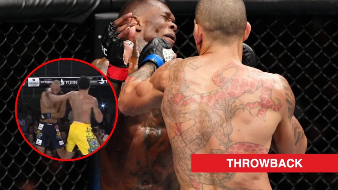 Main: Alex Pereira punches Israel Adesanya during their fight at UFC 281. Inset: Alex Pereira punches Marcelo Cruz during their fight at Jungle Fig...