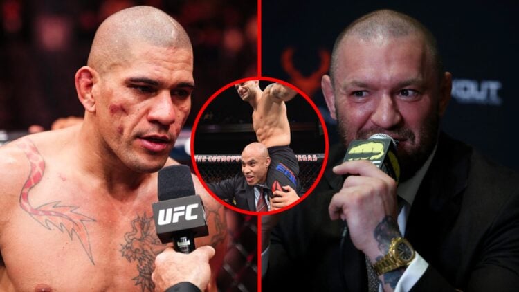Left: Alex Pereira speaks inside the cage after his loss to Magomed Ankalaev at UFC 313. Right: Conor McGregor speaks on stage at a BKFC press conf...