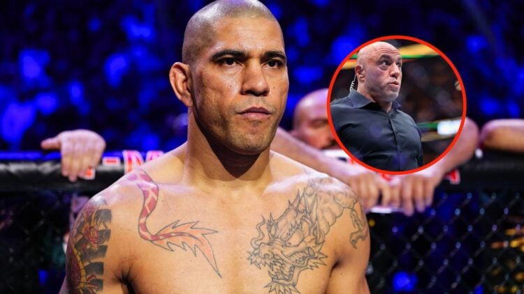 Center: Alex Pereira in the Octagon ahead of his light heavyweight title fight with Magomed Ankalaev at UFC 313 in March, 2025. Insert: Joe Rogan i...