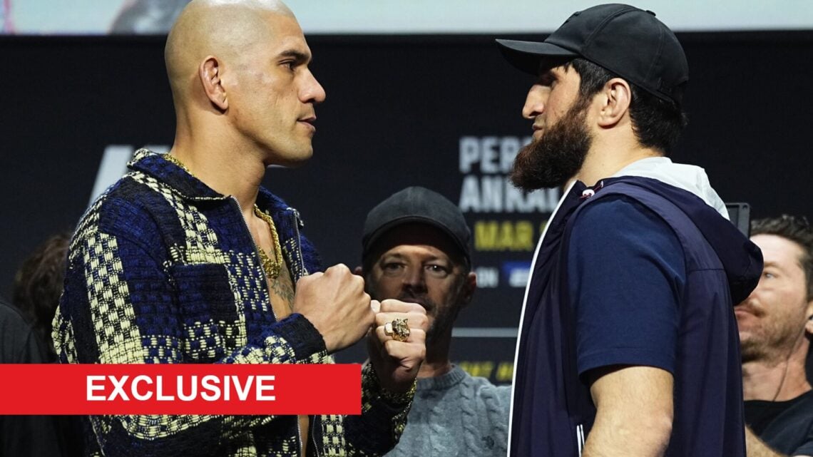 Alex Pereira and Magomed Ankalaev face off at the UFC 313 press conference, inset exclusive banner