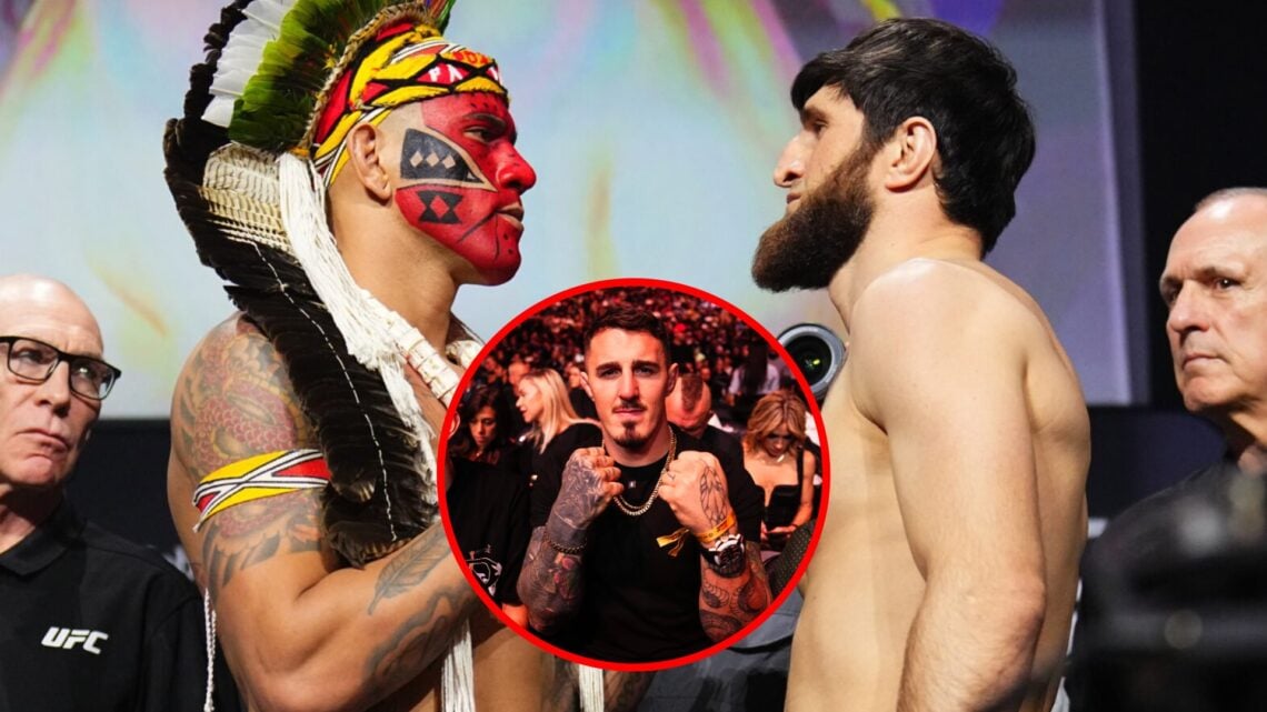 Main: Alex Pereira and Magomed Ankalaev face off at the UFC 313 ceremonial weigh-ins. Inset: Tom Aspinall in attendance at UFC 309 in New York City.
