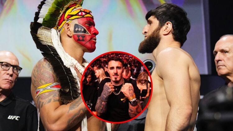Main: Alex Pereira and Magomed Ankalaev face off at the UFC 313 ceremonial weigh-ins. Inset: Tom Aspinall in attendance at UFC 309 in New York City.