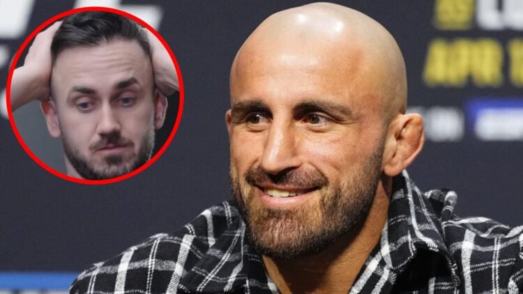 Alexander Volkanovski on stage at the UFC 314 press conference, inset fan reacts to Volkanovski prank
