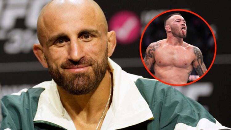Alexander Volkanovski during the UFC 314 press conference with an inset of Colby Covington gesturing during his UFC 272 fight