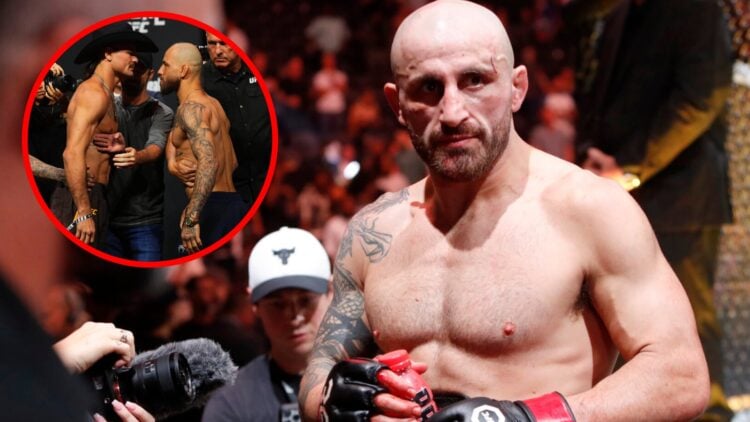 Alexander Volkanovski exits the Octagon after beating Yair Rodriguez at UFC 290, inset Diego Lopes and Jean Silva face off ahead of Noche UFC