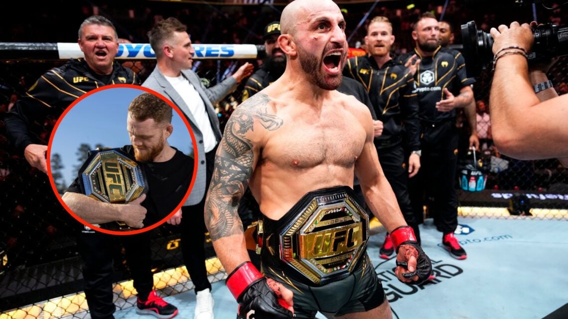 Alexander Volkanvoski celebrates at UFC 290 and Jack Della Maddalena poses with his UFC belt during photo shoot