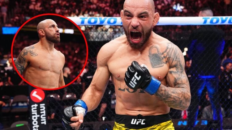 Main: Jean Silva celebrates his win over Bryce Mitchell at UFC 314. Inset: Alexander Volkanovski in the cage for his fight against Diego Lopes at U...