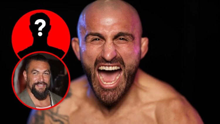 Alexander Volkanovski poses for UFC 290 portrait, with Jason Momoa inset, mystery inset