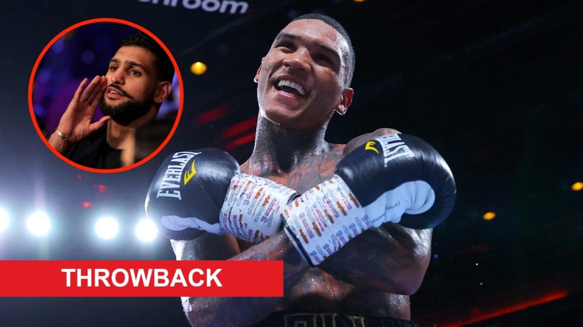 Insert: Amir Khan sits cageside during the cruiserweight title fight between Oleksandr Usyk and Tony Bellew in November, 2018. Center: Conor Benn c...