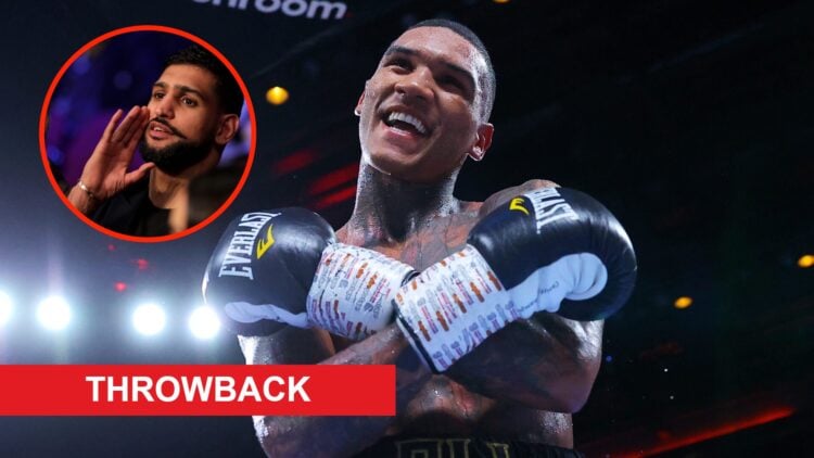 Insert: Amir Khan sits cageside during the cruiserweight title fight between Oleksandr Usyk and Tony Bellew in November, 2018. Center: Conor Benn c...