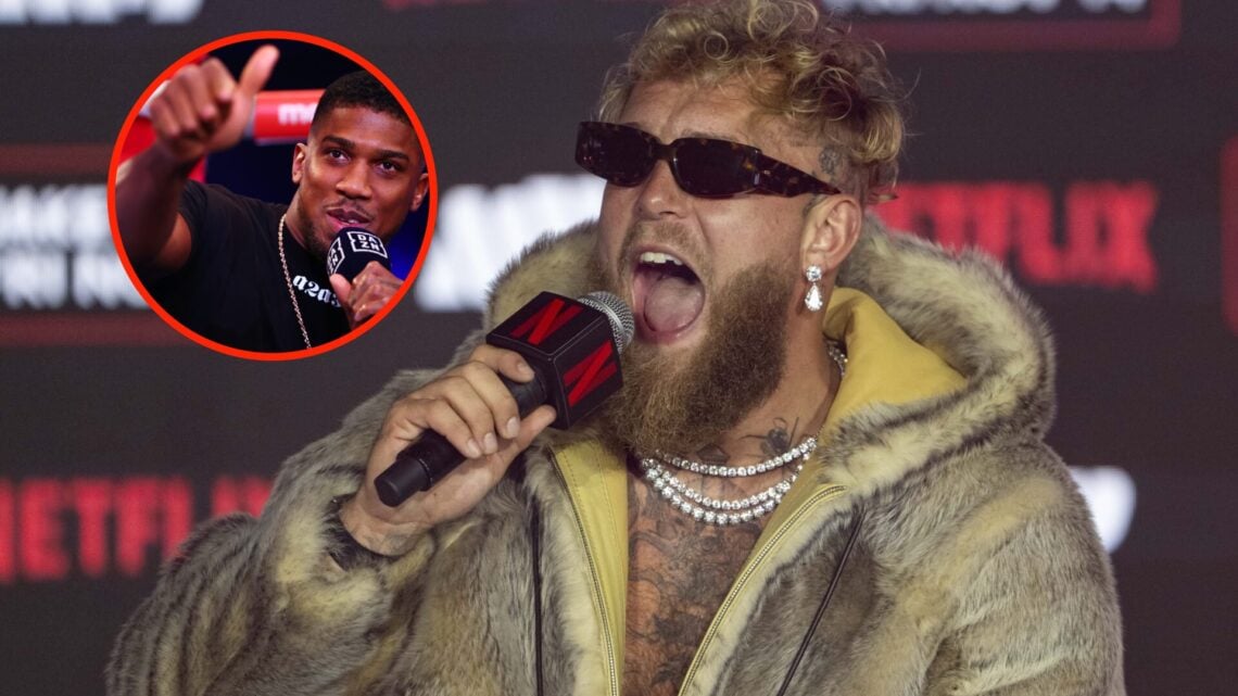 Insert: Anthony Joshua speaks ringside during an interview. Center: Jake Paul speaks during a press conference ahead of his fight with Gervonta Dav...