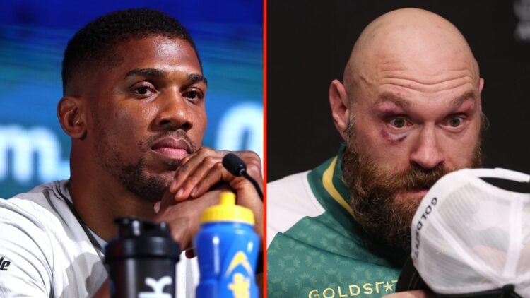 Left: Anthony Joshua attends a press conference ahead of his IBF heavyweight title fight with Daniel Dubois. Right: Tyson Fury attends a post-fight...