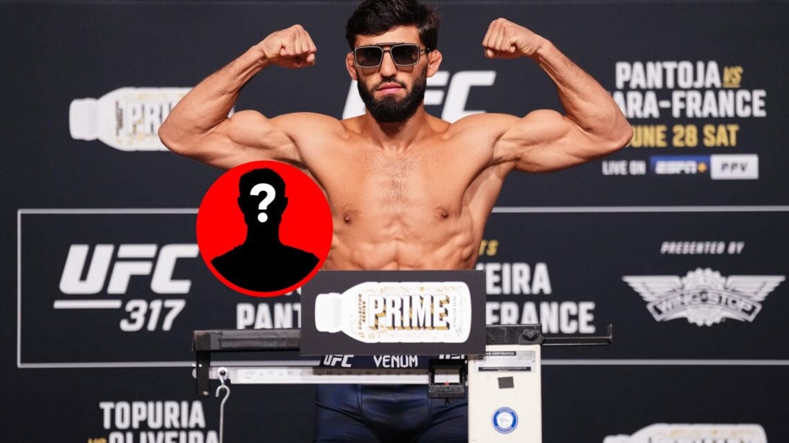 Arman Tsarukyan at the UFC 317 weigh-ins, with mystery inset