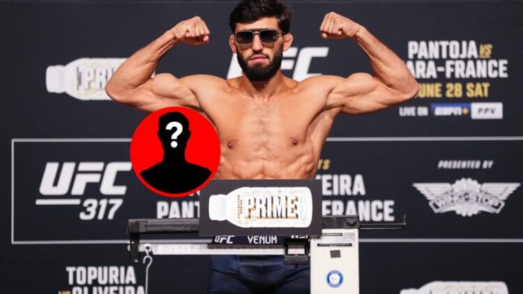 Arman Tsarukyan at the UFC 317 weigh-ins, with mystery inset