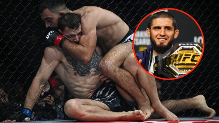 Benoit Saint-Denis chokes Mauricio Ruffy at UFC Paris with an inset of Islam Makhachev