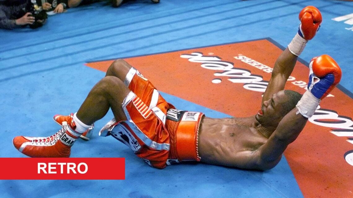 Bernard Hopkins celebrates on the canvas after his knockout win over Felix Trinidad in September, 2001.