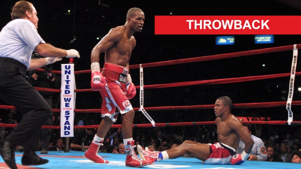 Bernard Hopkins stops Felix Trinidad in the 12th round in New York, inset throwback banner