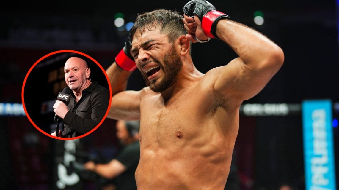 Brahyan Zurcher celebrates in the octagon at PFL with an insert of Dana White speaks at the UFC 297 Press Conference