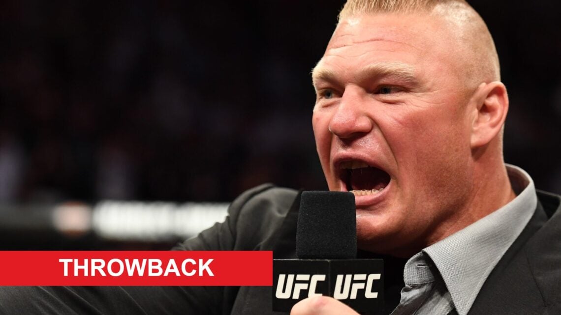 Brock Lesnar speaks in the Octagon after the main event at UFC 226 in July, 2018.