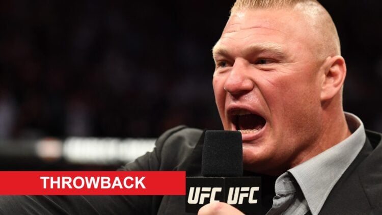 Brock Lesnar speaks in the Octagon after the main event at UFC 226 in July, 2018.