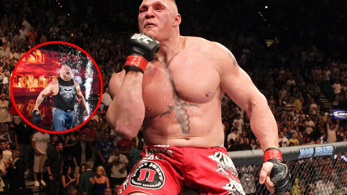 Brock Lesnar celebrating on top of UFC Octagon, Brock Lesnar walking out at WWE SmackDown